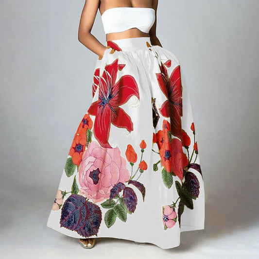 Ladies Bohemian Floral Print Maxi Skirt High Waist Party Beach Loose Long Skirt With Pockets Women Petite Dresses