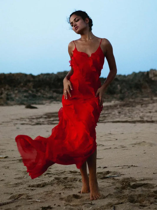 Ruffles Red Elegant Maxi Dresses for Women 2024 Backlesss Split Sexy Chiffon Dress Red Long Christmas Wedding Party Dress Luxury
